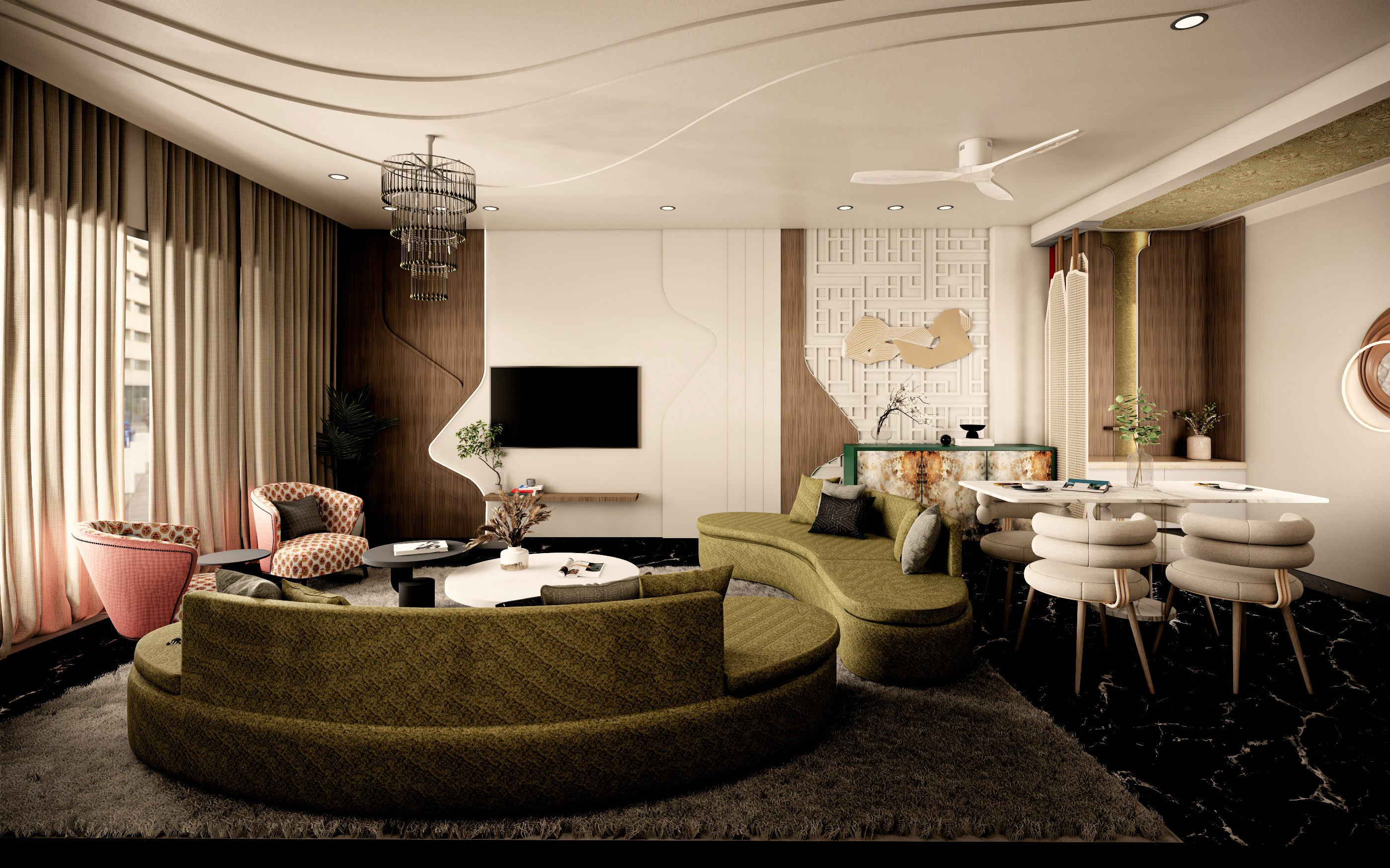Living and dining space by Studio Moon, by day