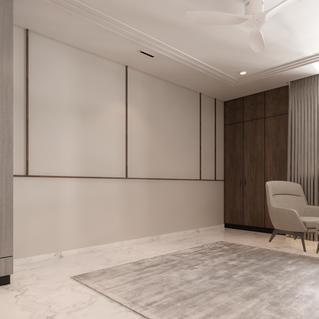 Room with wall paneling and rug — design development stage