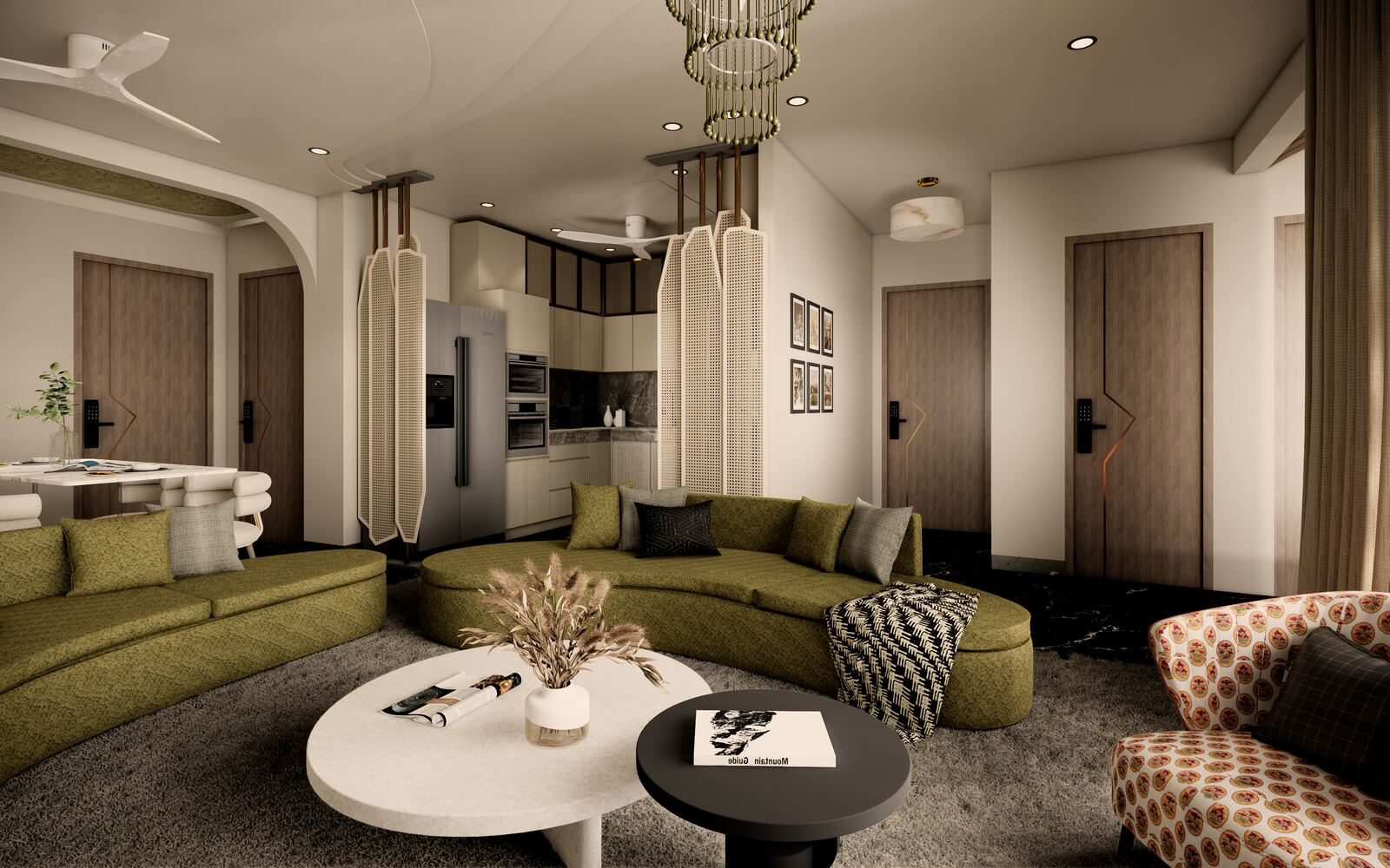 Shree Residence living room with cane partitions